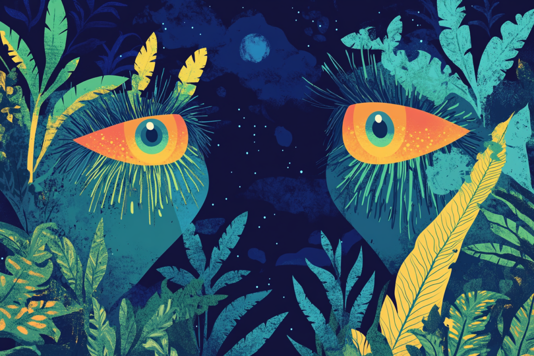 Dos plantas antropomórficas con ojos coloridos se observan entre sí en un bosque nocturno rodeado de vegetación exuberante.