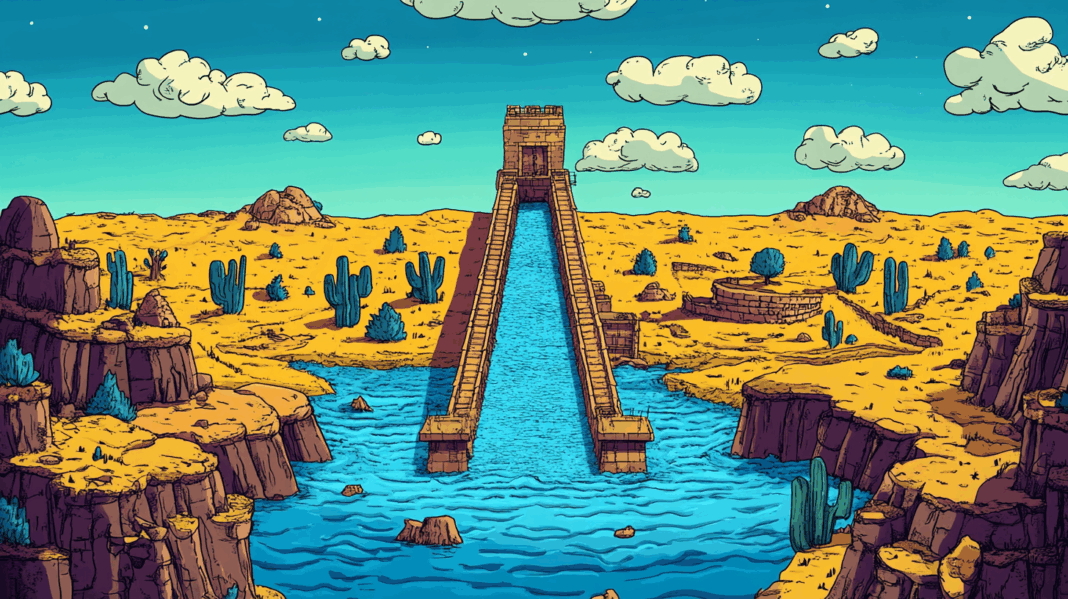 Ilustración de un acueducto moderno en medio del desierto mexicano, simbolizando la inversión histórica en infraestructura hídrica anunciada por el gobierno de México en 2025.